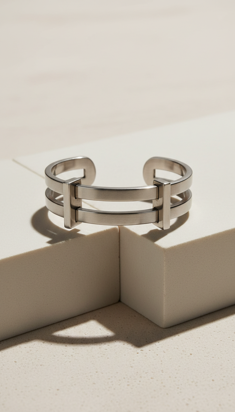 Architectural double band cuff bracelet in gold