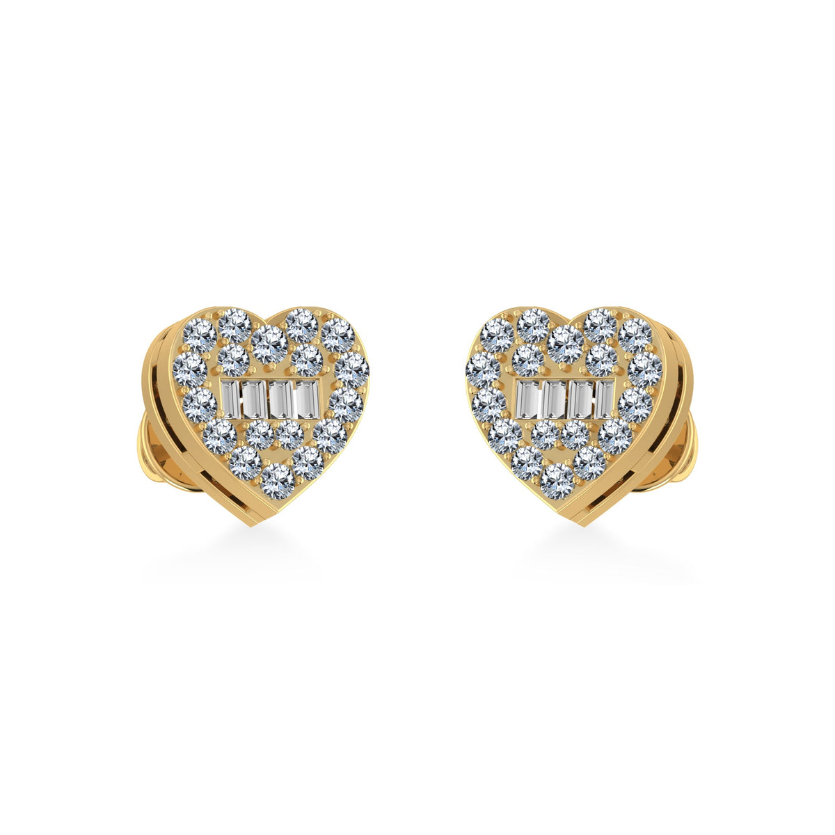 10K Yellow Gold Round Baguette Diamond Heart Shape Cluster Stud Earrings 1/5 Cttw