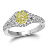 Anillo de oro blanco de 14 quilates para mujer con diamantes redondos amarillos y círculos de 3/4 quilates 