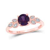 Anillo solitario floral de amatista sintética redonda para mujer de oro rosa de 10 quilates, 7/8 quilates 