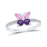 Anillo de mariposa de amatista sintética redonda para mujer de plata de ley de 7/8 quilates 