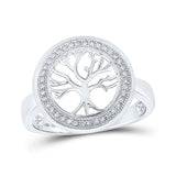 Anillo circular de oro blanco de 10 quilates para mujer con diamantes redondos y forma de árbol de la vida, 1/10 quilates 