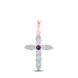 10kt Rose Gold Womens Round Blue Sapphire Diamond Cross Pendant 1/2 Cttw