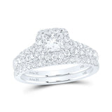 Anillo de boda nupcial con halo de diamantes de princesa de oro blanco de 14 quilates, 1-1/2 quilates 