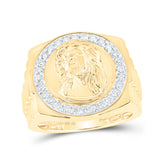 Anillo circular con cara de Jesús y diamante redondo para hombre de oro amarillo de 10 quilates, 1/2 quilates 