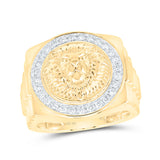 Anillo circular de oro amarillo de 10 quilates para hombre con diamantes redondos y cara de león de 1/2 quilates 