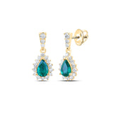 Pendientes colgantes de oro amarillo de 10 quilates con diamantes y esmeralda en forma de pera para mujer, 1-1/2 quilates 