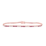 Pulsera de tenis de una hilera de diamantes de rubí redondos para mujer en oro rosa de 14 quilates, 2-1/4 quilates 